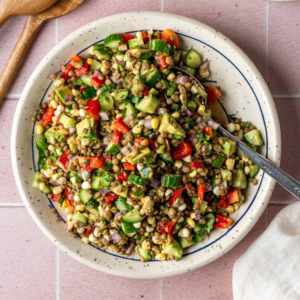 A Salad with lentil, corn and tomato. The perfect salad recipe for summer days