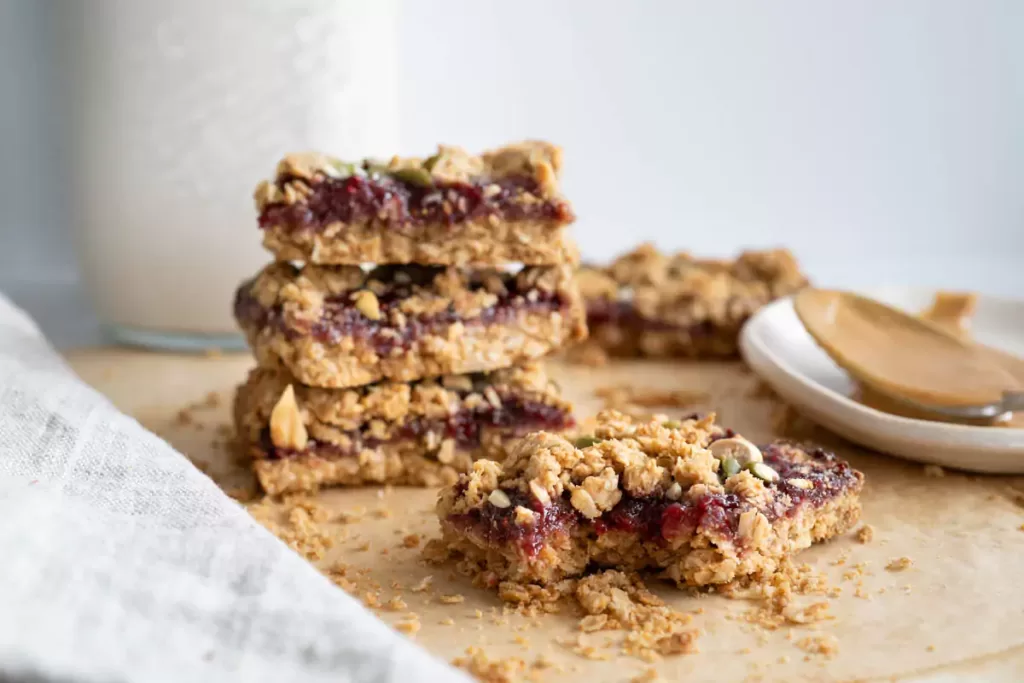 Homemade seeded peanut better and jelly bar as an healthy snack for kids