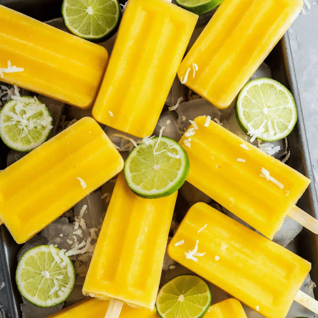 A plate of mango popsicles that is a perfect refreshing summer dessert.