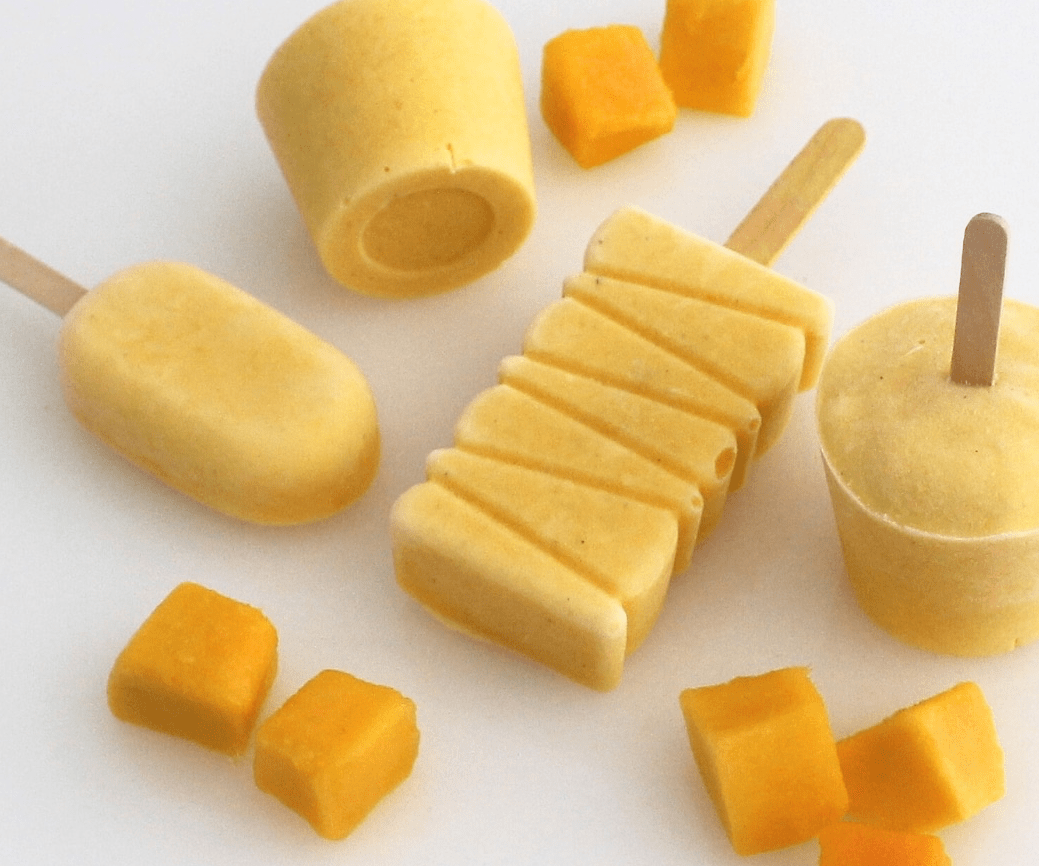 a set of different sizes of mango yoghurt popsicles. This is the easiest and yummy healthy snack ideas for kids 