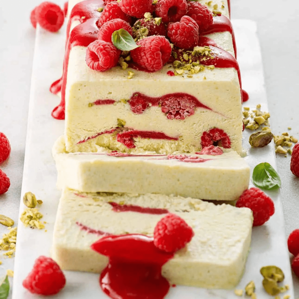 A plated Raspberry Pistachio Semifreddo. An ideal summer dessert to bring to a BBQ party.