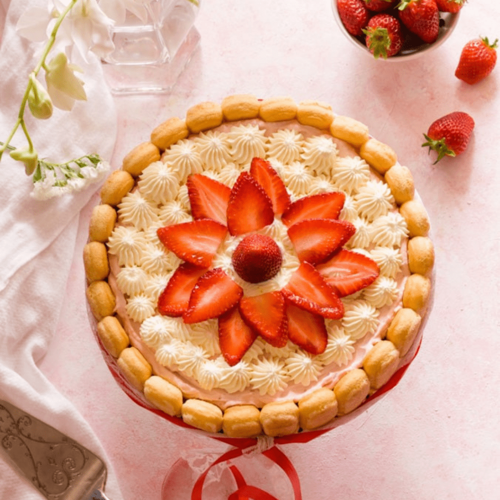 Strawberry charlotte cake on a pink table. This is one of the most refreshing summer dessert