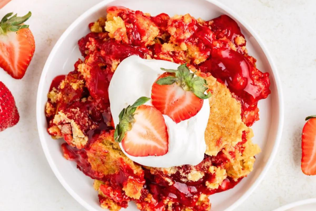 strawberry dump cake with ice cream is perfect for hot summer days and cookout bbq desserts