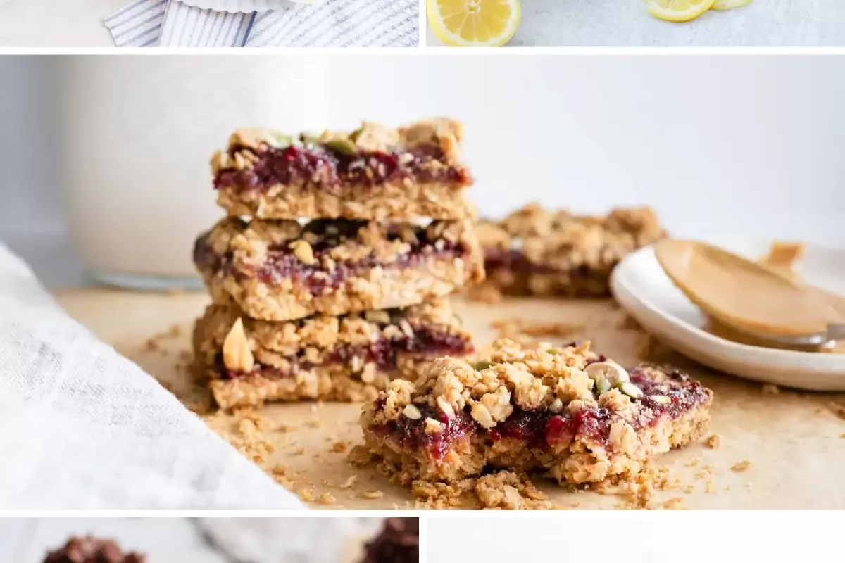 a collage with different healthy snacks kids to make together. There is haystack cookie, lemon pund cake, yoghurt bark ...