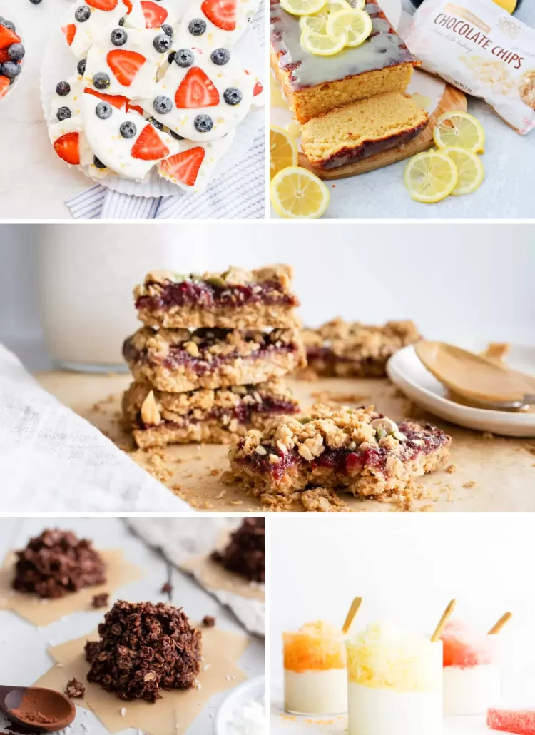 a collage with different healthy snacks kids to make together. There is haystack cookie, lemon pund cake, yoghurt bark ...