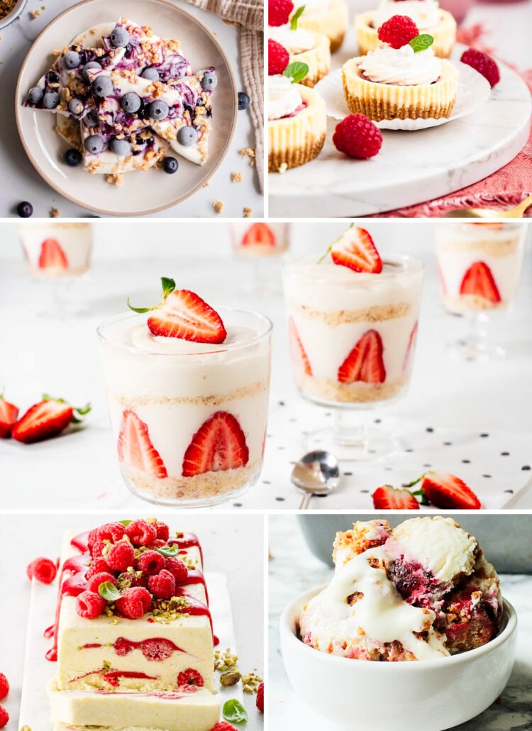 A collage of refreshing summer recipes. Most of them with fruits like raspberries, strawberries, blueberries