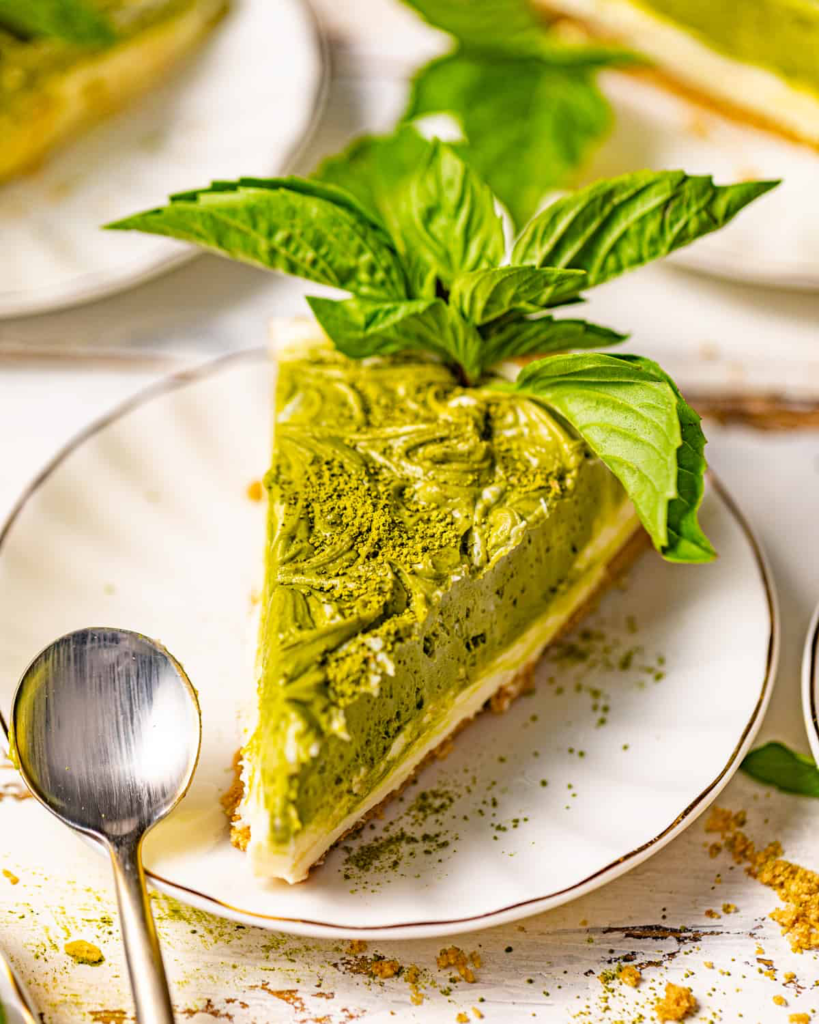 a piece of matcha cheesecake on a plate. This is a creative no-bake dessert for two or a crowd